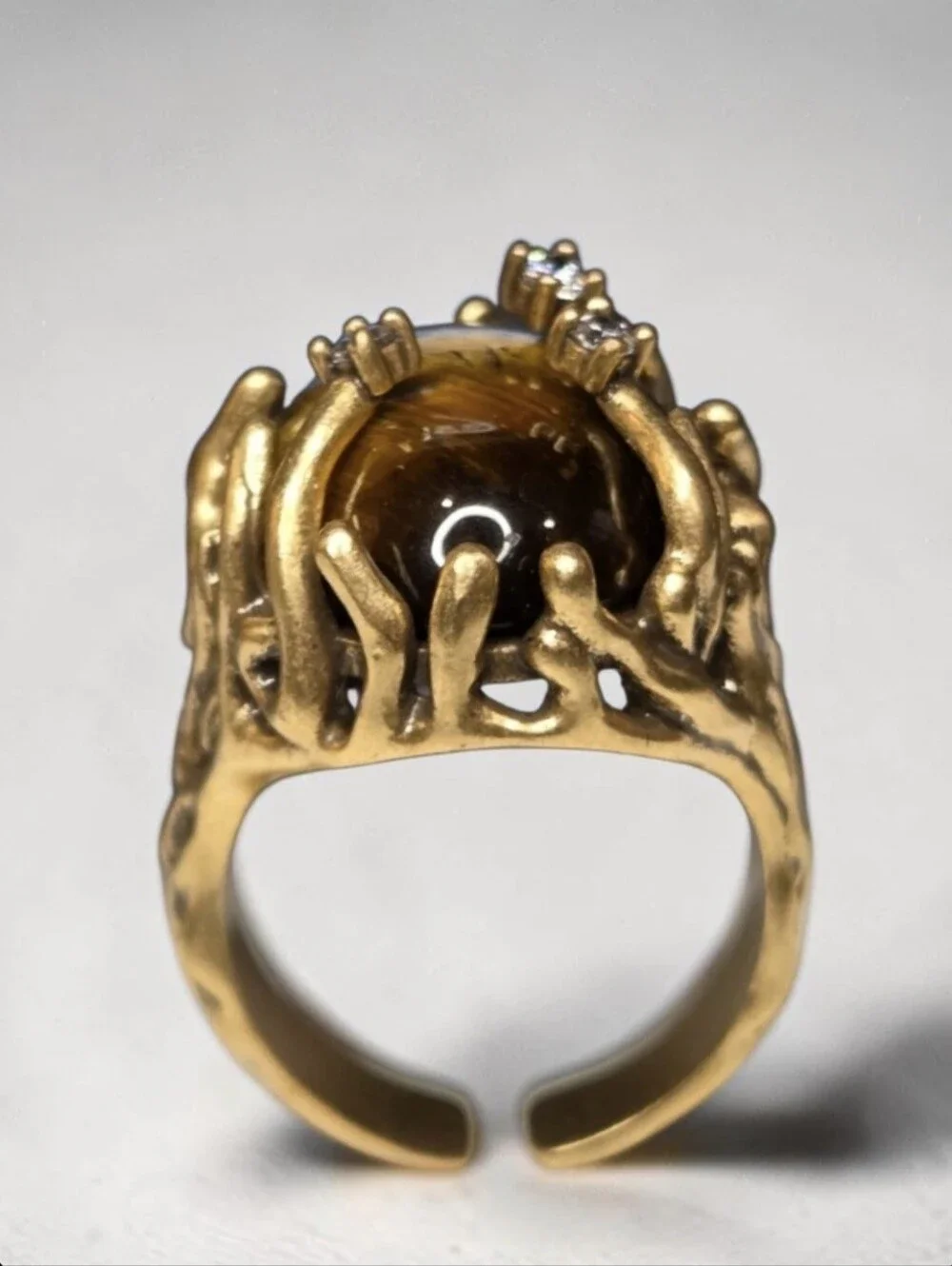 18k Gold Plated Tigers Eye Stone Crystal Caged Oversized Statement Ring